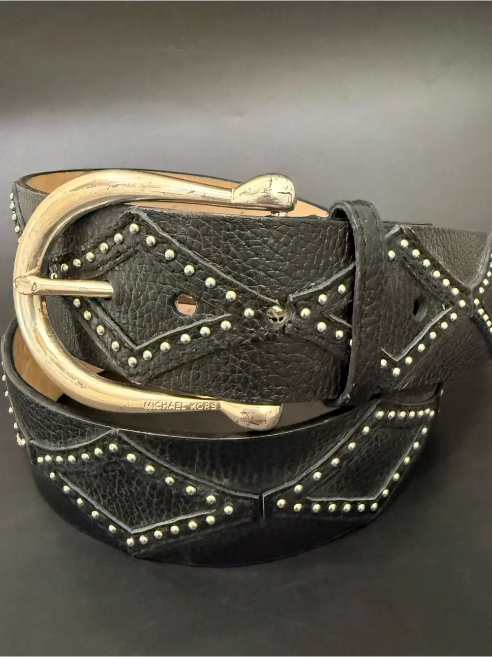 MICHAEL Michael Kors Black Leather Geometric Diamond Studded Belt XL Waist 41-45